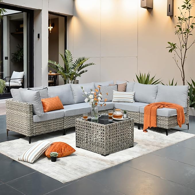 Outdoor Patio Furniture Sets,7 PCS Patio Conversation Set Outside Rattan Sectional Sofa with Coffee Table Fit Backyard Porch Garden Poolside Balcony