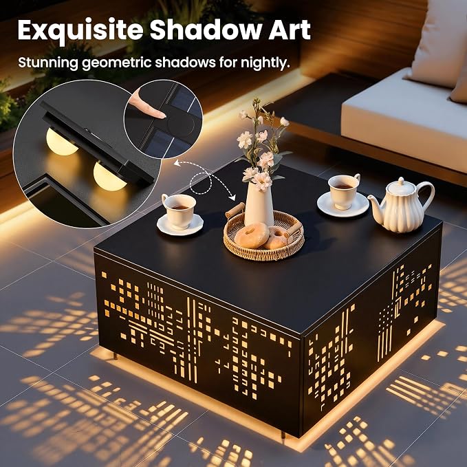 ovios 27" Outdoor Coffee Table with Solar Light, Patio Metal Table with Umbrella Hole and Cut-Out Design, Weatherproof Square Side Tables for Deck Porch Balcony Garden Backyard, Black