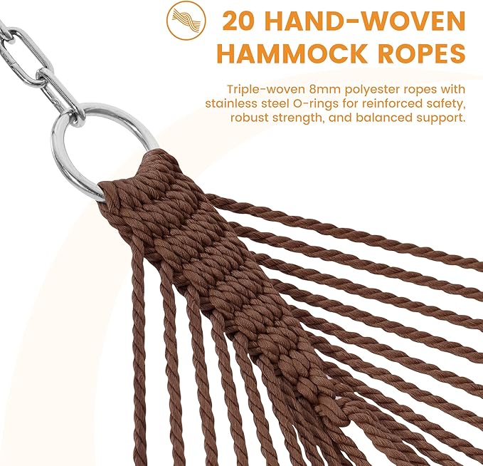 Lazy Daze Hammocks 13 FT Extra Large 2+ Person Caribbean Rope Hammock, Hand Woven Polyester XL Hammock with Spreader Bars, for Outside Outdoor Backyard Patio Poolside, 500 LBS Capacity, Brown