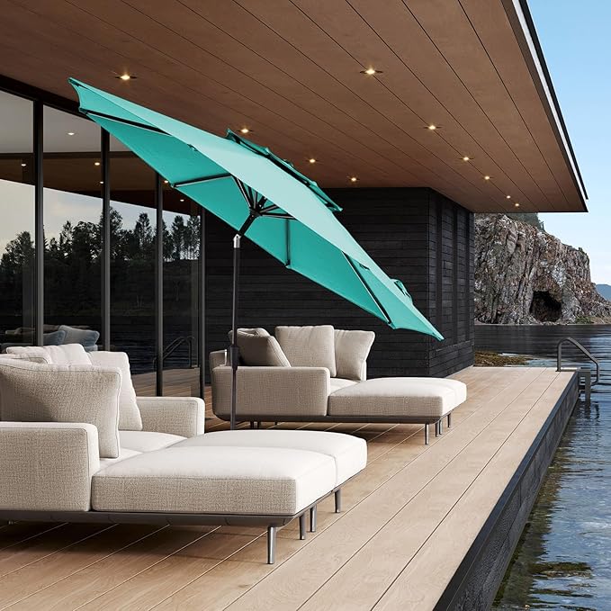 JEAREY 9' 2-Tiers Patio Umbrellas Outdoor Table Market Umbrella w/Push Button Tilt/Crank, 8 Sturdy Ribs, UV Protection Waterproof Sunproof(Teal)