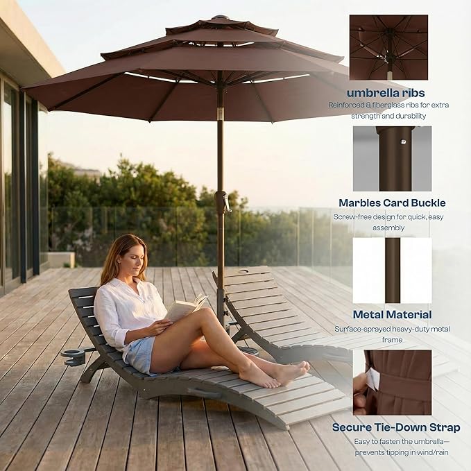 10ft Patio Umbrella, 3 Tier Outdoor Market Table Umbrellas with 8 Fiberglass Ribs and Push Button Tilt, Windproof, Vented Canopy, UV Protection for Deck, Pool, Backyard
