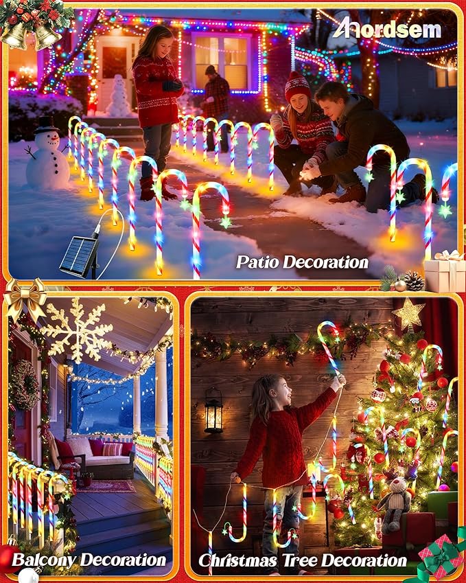 Anordsem Solar Christmas Decorations Outdoor: 21" Candy Cane Lights with Star 24 Pack - Waterproof LED 8 Colorful Lighting Models for Yard Pathway Xmas Decor - 2026 New Year Gifts for Homeowners
