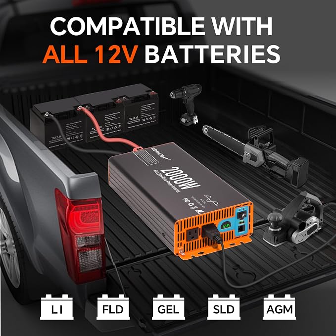 2000W Pure Sine Wave Inverter,12V DC to 120V AC Car Power Inverter 4000W Peak with 2AC Outlets, 3.0A USB and Type-C, LCD Display 16.5 ft Remote Control for RV Truck Travel Solar Emergency