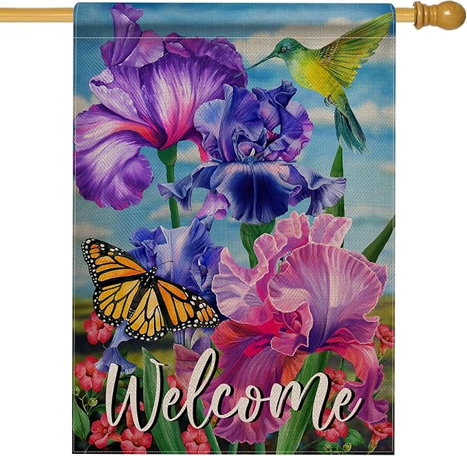 Hzppyz Welcome Spring Hummingbird Iris Garden Flag Double Sided, Purple Flower Bird Yellow Butterfly Decorative House Yard Outdoor Small Decor, Summer Floral Arrangement Home Outside Decoration 28x40