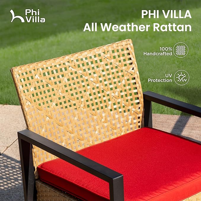 PHI VILLA Patio Wicker Furniture Set for 4, Yellow Rattan Loveseat & Chairs with Red Cushions & Acacia Wood Coffee Table, Outdoor Modern Conversation Sofa Set for Deck, Yard, Porch