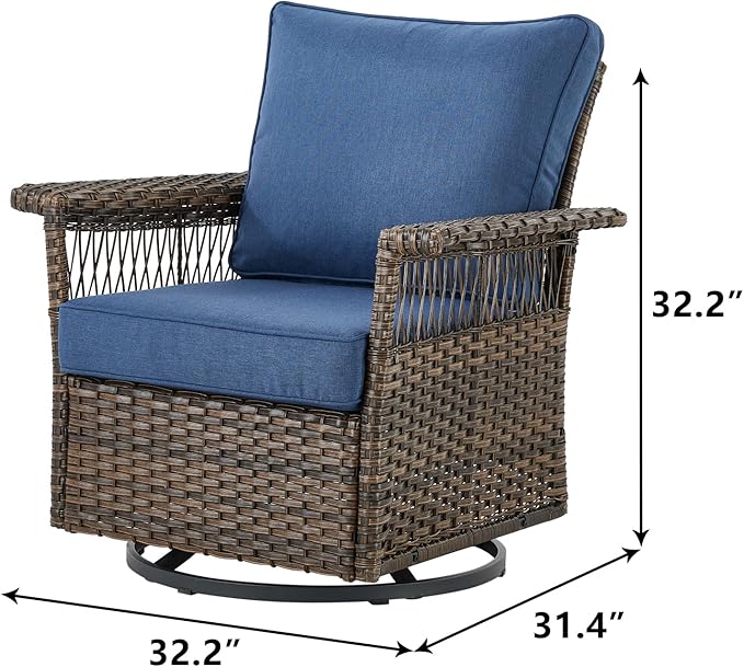 Outdoor Patio Rocking Swivel Chairs - 2PC Wicker Patio Furniture Rocker Chair Set,Rattan Glider Chair with Sturdy Frame,All-Weather PE Wicker and Cushions for Deck Porch Balcony(Brown/Blue)