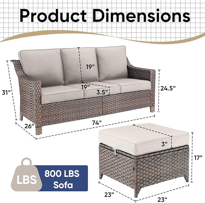 3 Pieces Patio Conversation Sets-All-Weather Wicker Sectional Couch with Ottomans for Deck Balcony Poolside Backyard-Brown/Beige
