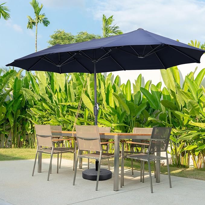 13Ft Large Patio Umbrella with Base Outdoor Double-Sided Market Extra Large Table Umbrella Easy Crank for Yard, Poolside, Deck-Navy Blue