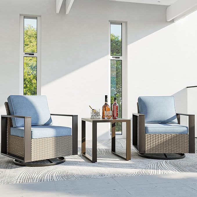 3 Piece Patio Chair Set, Outdoor Swivel Rocker Patio Chairs and Side Table, Metal Patio Furniture with Deep Seating, Thicken Cushions for Deck, Porch, Yard Use (Azure, 3 PCS/Swivel)