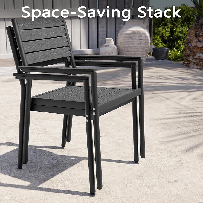 7-Piece Outdoor Dining Set for 6 Person with Black Wood-Grain Top | Armrest Stackable Chairs with 19.4" Seat Depth, Aluminum Frame Dining Furniture with Umbrella Hole for Deck, Porch & Backyard