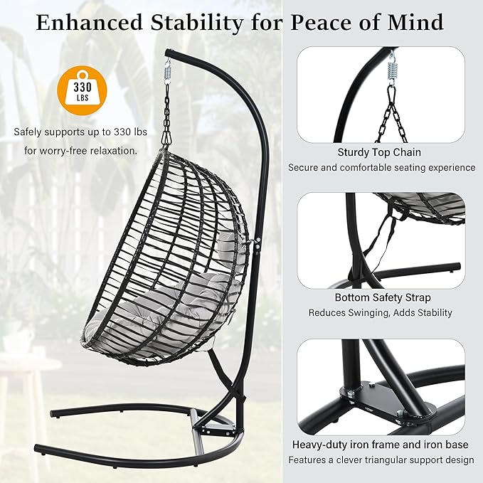 Folding Egg Chair, Outdoor Hanging Hammock Chair with Stand, Patio Wicker Hanging Chair with Iron Frame and Plush Cushion & Removable Headrest for Bedroom, Balcony, Garden (C-BlackGrey)
