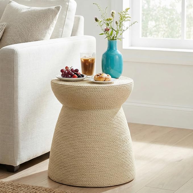 Christopher Knight Home 16.73" H Simulated Rattan MGO Side Table Sculptural Hourglass End Table Indoor Outdoor Living Room Patio Balcony Decor Accent Table, Natural Wood