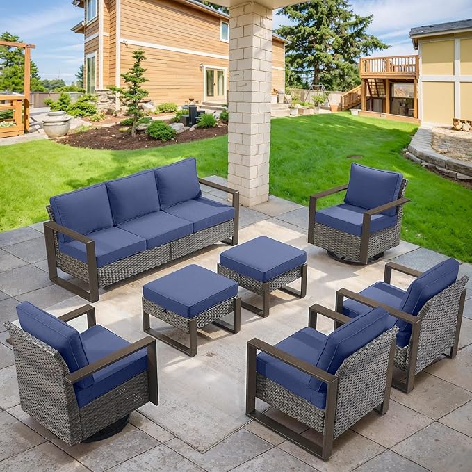 Belord Modern Outdoor Patio Furniture 7 - Person Outdoor Swivel Glider Seating Group, Backyard Wicker Furniture Set with Aluminum Armrests, Grey Wicker Blue Cushion