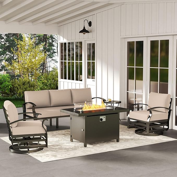 ALAULM Aluminum Patio Furniture Set with Propane Fire Pit Table 5-seat Metal Outdoor Furniture w/Fire Pit Patio Sectional Sofas w/5.1" Cushions for Patio, Backyard, Poolside-Sand