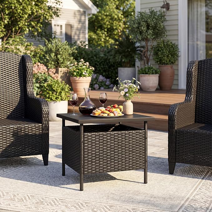 LDAILY Patio Table Umbrella, Outdoor Table with Umbrella Hole, Rattan Patio Side Table with Steel Umbrella Hole, HDPE Desktop & Metal Frame for Deck Garden Poolside Backyard Balcony (Black)