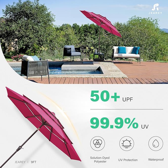 JEAREY 9FT 3 Tier Patio Umbrella Outdoor Market Umbrella Table Umbrellas with 8 Ribs 1.5 Pole Push Button Tilt and Crank UV Protection for Garden,Backyard,Pink