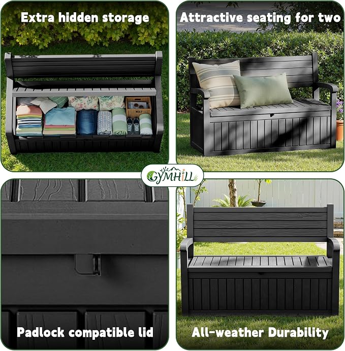 80 Gallon Outdoor Storage Bench Spacious Storage Box Waterproof Resin Deck Box Lockable for Patio, Garden, Living Room & Outdoor Spaces（Black）