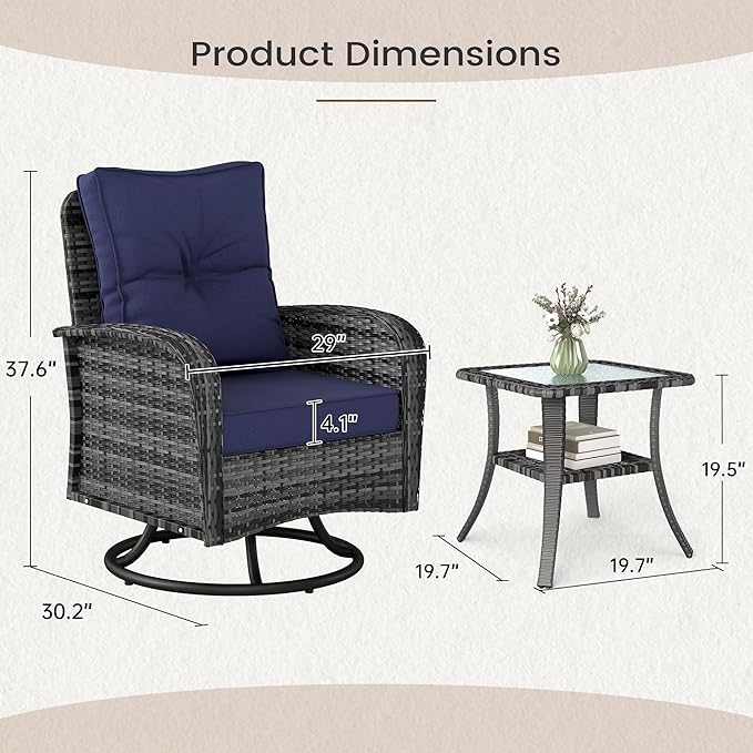 Kromax Outdoor Patio Furniture Set, All-Weather Wicker Swivel Glider Chairs Set of 2 with Coffee Table Table & Thick Machine Washable Cushions for Backyard, Garden, Porch, Grey/Blue