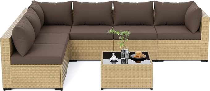UDPATIO Furniture Set, 7 Piece Sectional Sofas with Wicker Coffee Table, Conversation for Garden, Backyard, Yellow/Brown