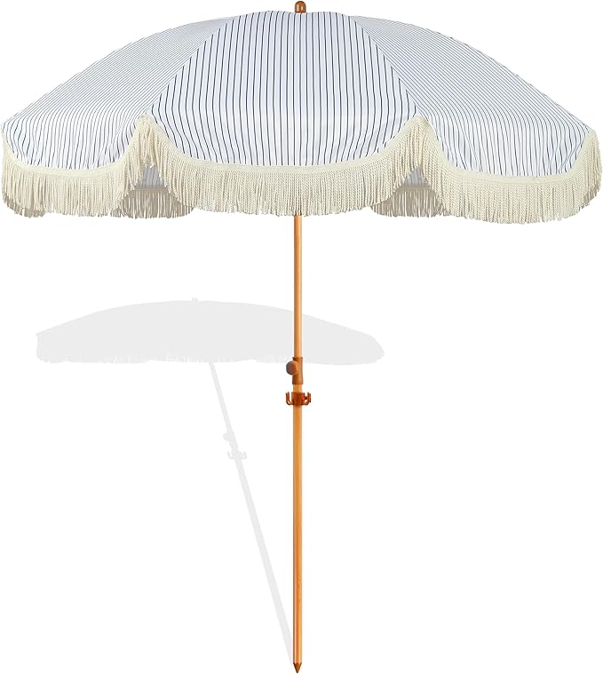 Seazul 7.5ft Patio Umbrella with Fringe, Beach Umbrella, Fringe Umbrella Outdoor Patio with Hanging Hook, Tilting Aluminum Pole, UV 50+, Fiberglass Ribs, Blue White Stripe