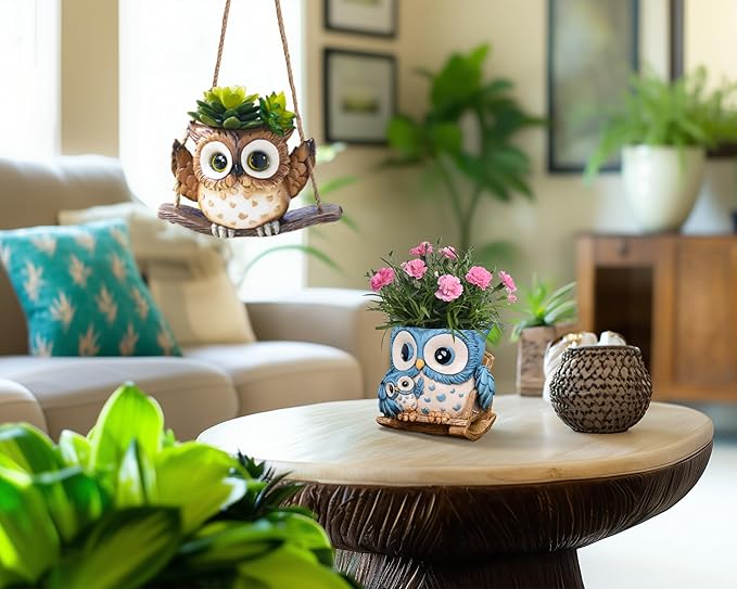 Saysmile Unique Owl Plant Pots Indoor, Cute Small Succulent Pots with Drainage Hole, Rocking Chair Planters for Outdoor Indoor Plants, Resin Flower Pot for String of Pearls, Gift Ideas for Mother