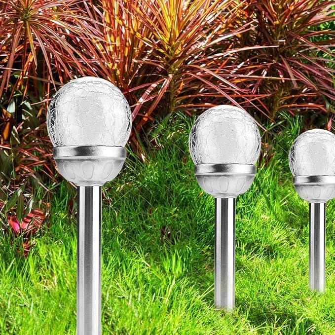 2Pcs Solar Powered Outdoor Lights, Crackle Round Ball LED Garden Lamps for Courtyards, Yards, Patios, and Walkways, Stake Lights for Decorative Landscape Lighting