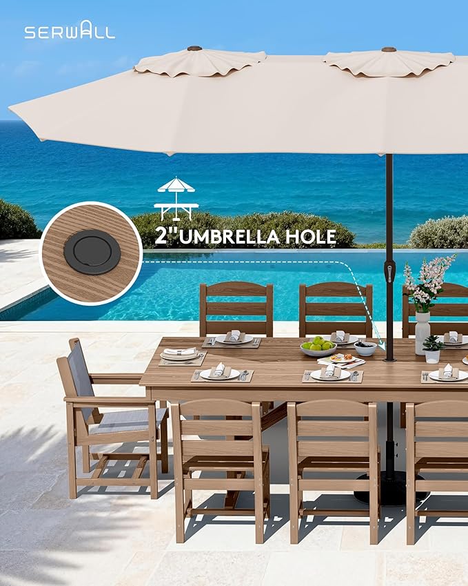 SERWALL Outdoor Dining Table, 84" Rectangular Dining Table for 6-10 Person, All Weather HDPE Patio Dining Table with Umbrella Hole for Backyard, Garden, Brown