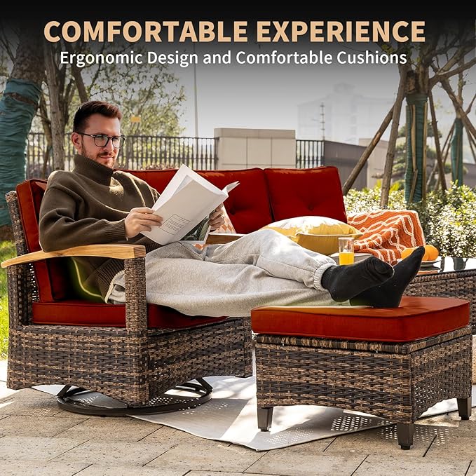 MEISSALIVVE 10 Pieces Outdoor Patio Furniture Sets, Wicker Patio Conversation Sets with 2 Wood Armrests Swivel Glide Chairs,2 Single Chairs, Outdoor Couch and Coffee Table(Red)