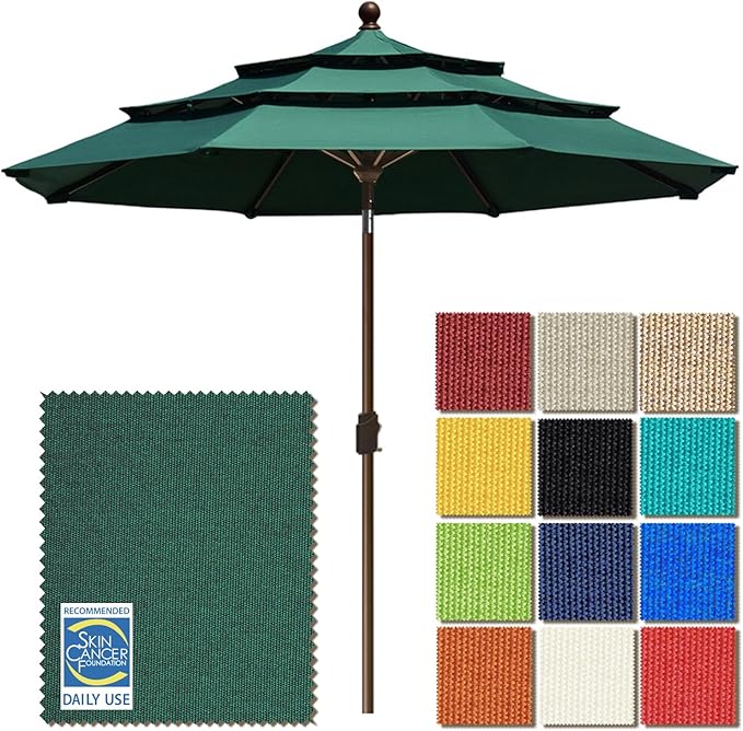 EliteShade USA 10-Year-Non-Fading 9ft 3-Tier Market Patio Umbrella, Commercial Grade Outdoor Table Umbrella with Crank Open, Windproof & UPF 50+ UV Protection, Heavy Duty Ventilation for Garden, Deck, Pool, Backyard, Beach & Bistro, Forest Green
