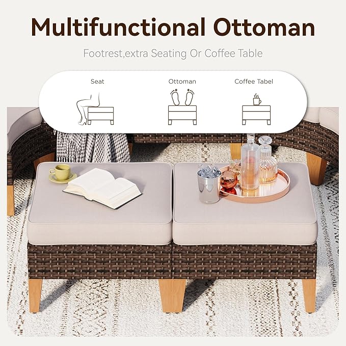 GREEN PARTY 7 Pieces Wicker Patio Furniture Set with 56" Fire Pit Table, All-Weather Outdoor Rattan Patio Sectional Sofa Conversation Set 7 Seats for Garden, Backyard, 2 x Swivel Chairs