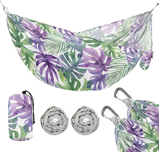 Camping Hammock Outdoor Hammocks for Outside Green Purple Tropical Leaf Beach Trees Portable Lightweight with Pockets Tree Straps Indoor Small