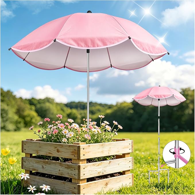 1Pack Plant Umbrellas for Outdoor Plants, Upgraded 360° Rotating 3-Prong Ground Stake for Stronger Grip, Stable Garden Shade Umbrella for Flowers, Vegetables, Fruit Trees, Raised Beds & Planters Pink
