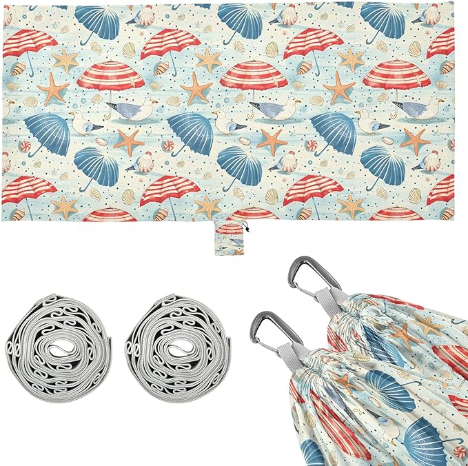 Camping Hammock Outdoor Hammocks for Outside Seashells Starfish Seagulls Beach Trees Portable Lightweight with Pockets Tree Straps Indoor