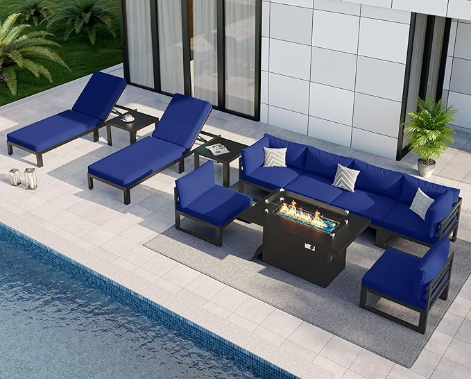 NICESOUL 11 Piece Large Modern Aluminum Patio Furniture Set, Water & Fade Resistant Modular Outdoor Conversation Set with Lounge, 500 lbs Heavy Duty Comfortable Sectional Sofa for Poolside, Navy Blue