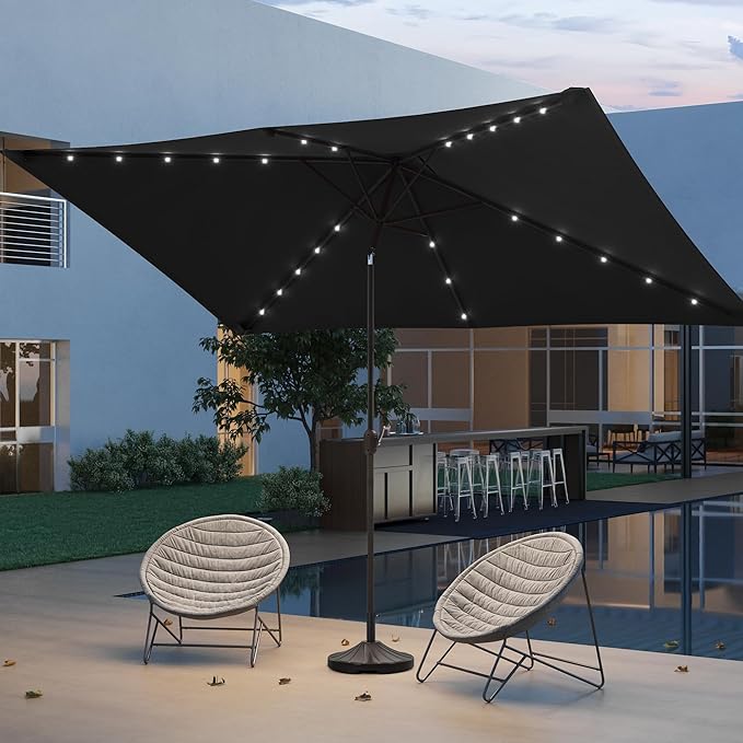 Rectangle Patio Umbrella with Solar Lights, 10 x 6.5ft Rectangular Outdoor Umbrella Table Market Patio Umbrella with Push Button Tilt and Crank for Garden, Deck, Backyard, Pool