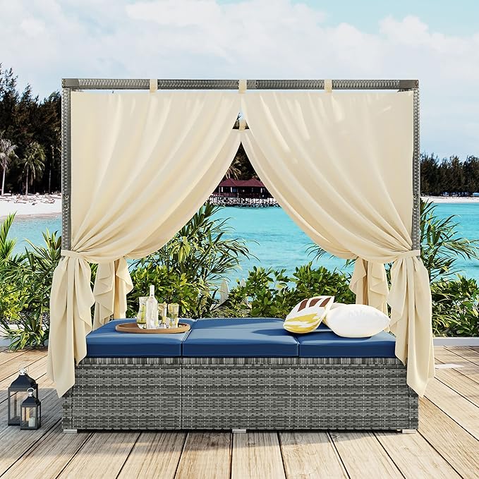 KEVINSPACE Outdoor Daybed with Curtain Canopy Bed Patio Furniture Adjustable Sunbed Set All-Weather Rattan Sun Lounger Patio Wicker Sofa Set Patio Conversation Set Curtains for Garden Yard Blue