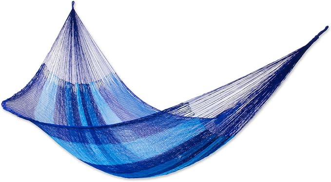 NOVICA Sky Blue Dark Blue Striped Nylon Hand Woven Mayan Rope 2 Person Xl Hammock, 'Blue Caribbean' (Double)