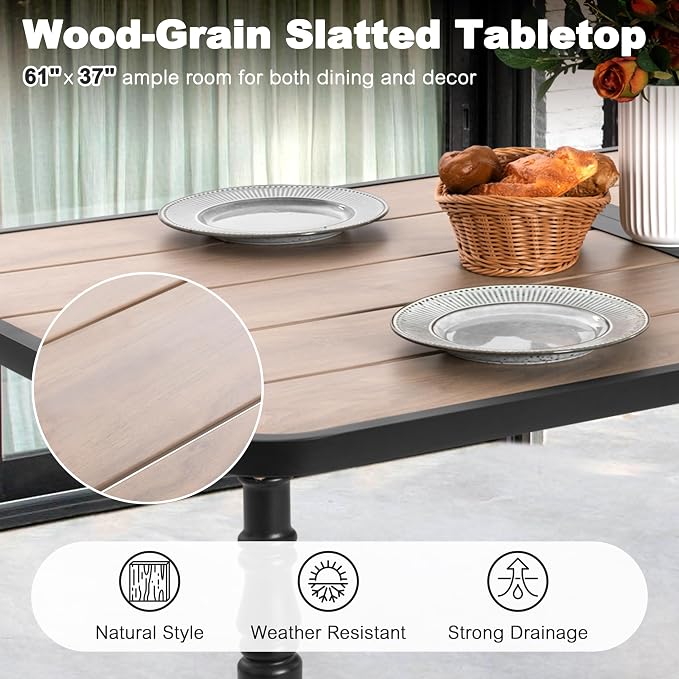 NUU GARDEN 7-Piece Outdoor Dining Chair and Table Set, 6 Stackable Metal Dining Chairs, 61" x 37" Rectangle Metal Dining Table with 1.6" Umbrella Hole, for Backyard, Deck, Yard, Garden, Black
