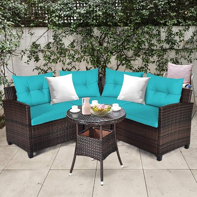Tangkula 4-Piece C Shape Patio Furniture Set, Outdoor Corner Wicker Rattan Sectional Cushioned Sofa Set, with Glass Coffee Table, for Garden Poolside Balcony (Turquoise)