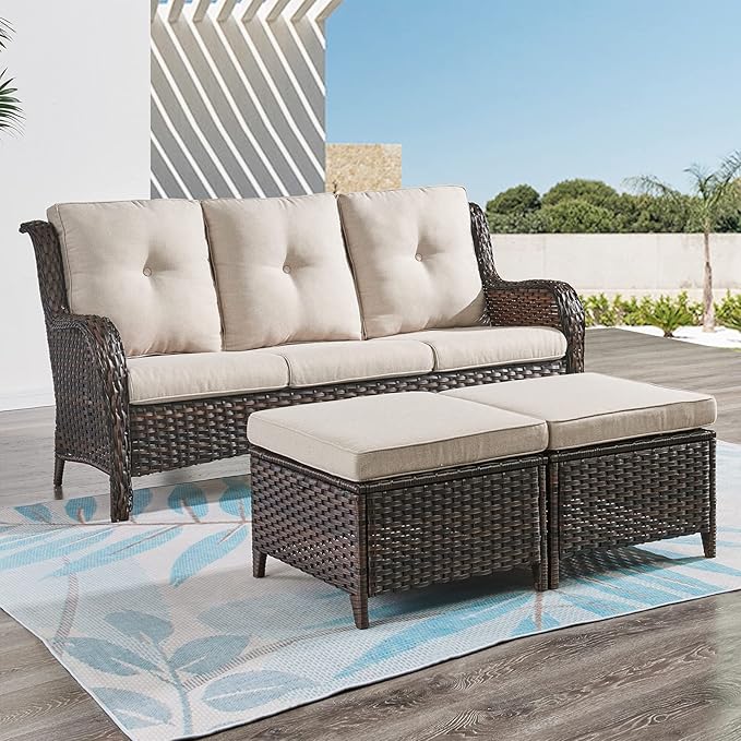 Rilyson 3 Piece Wicker Patio Furniture Set - Outdoor Rattan Patio Comversation Set with 1 Sofa and 2 Ottomans for Outside Porch Deck Garden(Brown/Beige)