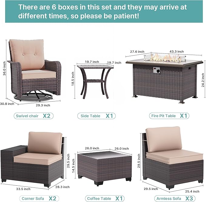Gotland 10 Pieces Patio Furniture Set with 2 Swivel Rocking Chairs 1 Fire Pit Table, Patio Furniture in 4 Combinations with 1 Coffee Table Wide Armrests 29.5'' High Backrest,for Deck Garden Pool Khaki