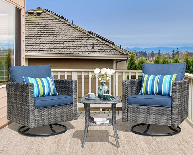 HOOOWOOO Wicker Outdoor Swivel Bistro Set for 2,3 Piece Patio Rocking Chairs and Table,All Weather Resistant Outside Out Door Rattan Rockers Furniture Set,Denim Blue
