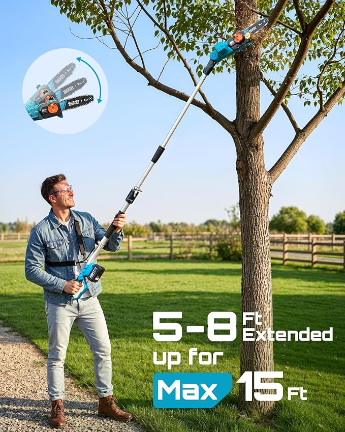SEESII 8-Inch Electric Pole Saws: 21V Cordless Pole Saws for Tree Trimming, 15-Foot Max Reach, Auto Oiling, Tree Trimmer with 2x4000mAh Battery & Fast Charger, Tree Saw Ideal for Pruning Branches