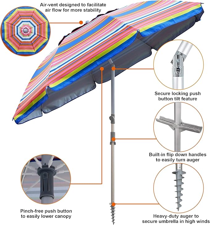 Blissun 7.2' Beach Umbrella with Sand Anchor, Outdoor Portable Beach Umbrella for Sand with Tilt Pole, Carry Bag, Air Vent