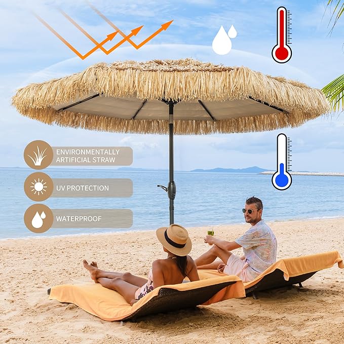 8FT Tiki Umbrella, Patio Umbrella Thatched Umbrella Outdoor Patio, Upgrade with UPF 50+, Tiki Beach Umbrellas with Zinc Alloy Push Button Tilt and for Pool Backyard