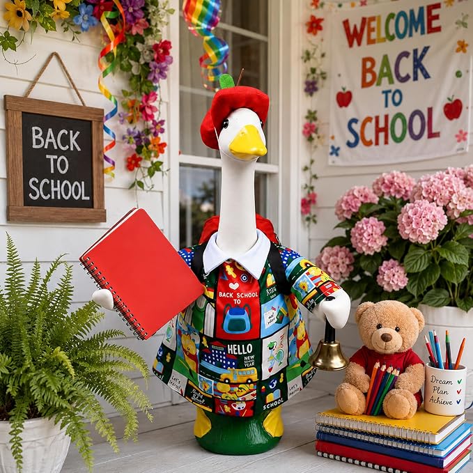 Back to School Porch Goose Outfit,23”Goose Costume Clothes with Apple Hat Schoolbag for School Classroom Home Garden Yard Pathway Patio Decor