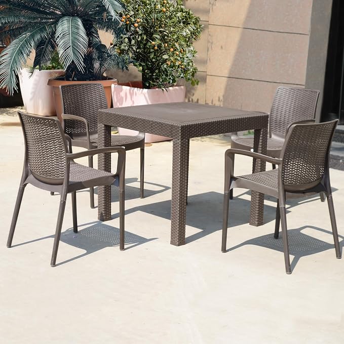 DIMAR GARDEN 5 Piece Patio Dinning Chairs Set, 31.5" Square Table with Umbrella Hole, Resin Dining Chairs with High Back and Armrest, Flax Gray