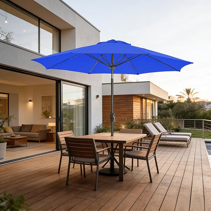 9FT Outdoor Patio Umbrella Outdoor pool Umbrella with Push Button Tilt and Crank, Market Umbrella 8 Sturdy Ribs UV Protection for Garden, Deck, Backyard (Royal Blue)
