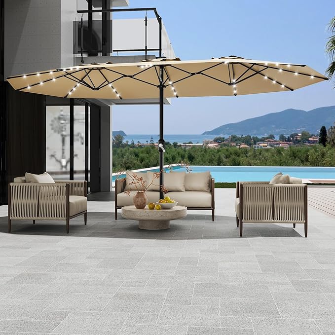 15FT Double-Sided Rectangular Outdoor Patio Umbrella with Included Base & Solar LED Lights–UV-Resistant & Waterproof Canopy,Heavy-Duty Steel Frame,Large Sun Shade for Garden,Deck,Poolside & Backyard