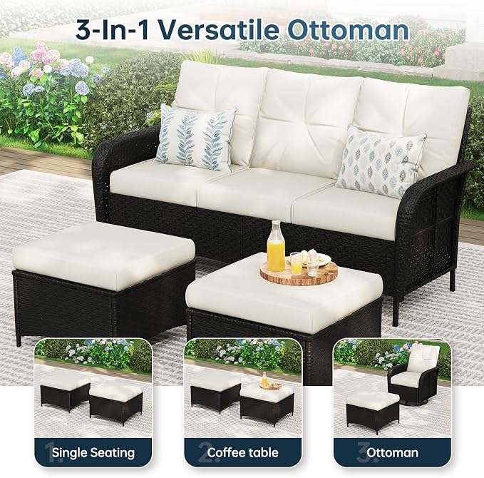 LazySunsets Luxury 12-Piece Patio Furniture Set with 44'' Fire Pit Table, 360° Swivel Chairs, Wicker Rattan Sofa & Thick Cushions, Outdoor Conversation Set for Backyard, Poolside & Garden, Black/Beige